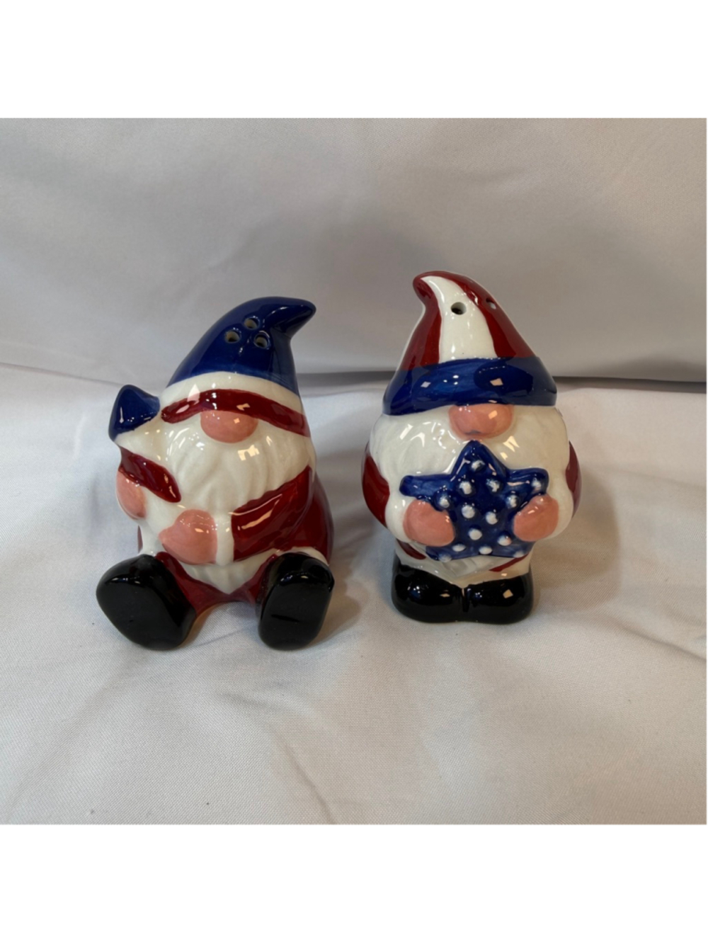 Patriotic Gnome Salt & Pepper Shaker Set Red White Blue Star Ceramic 4th of July